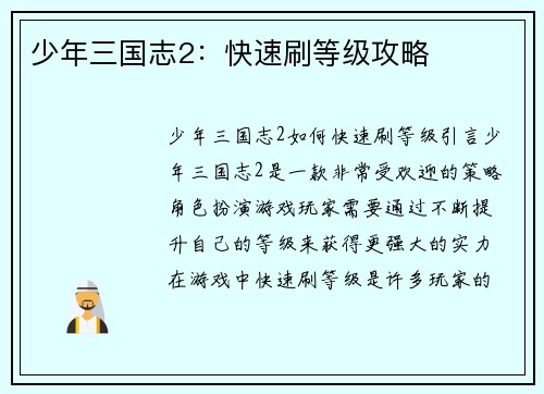 少年三国志2：快速刷等级攻略